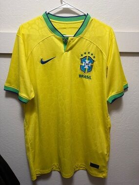 Nike Yellow Brazil Soccer Jersey with Green & Blue Trim